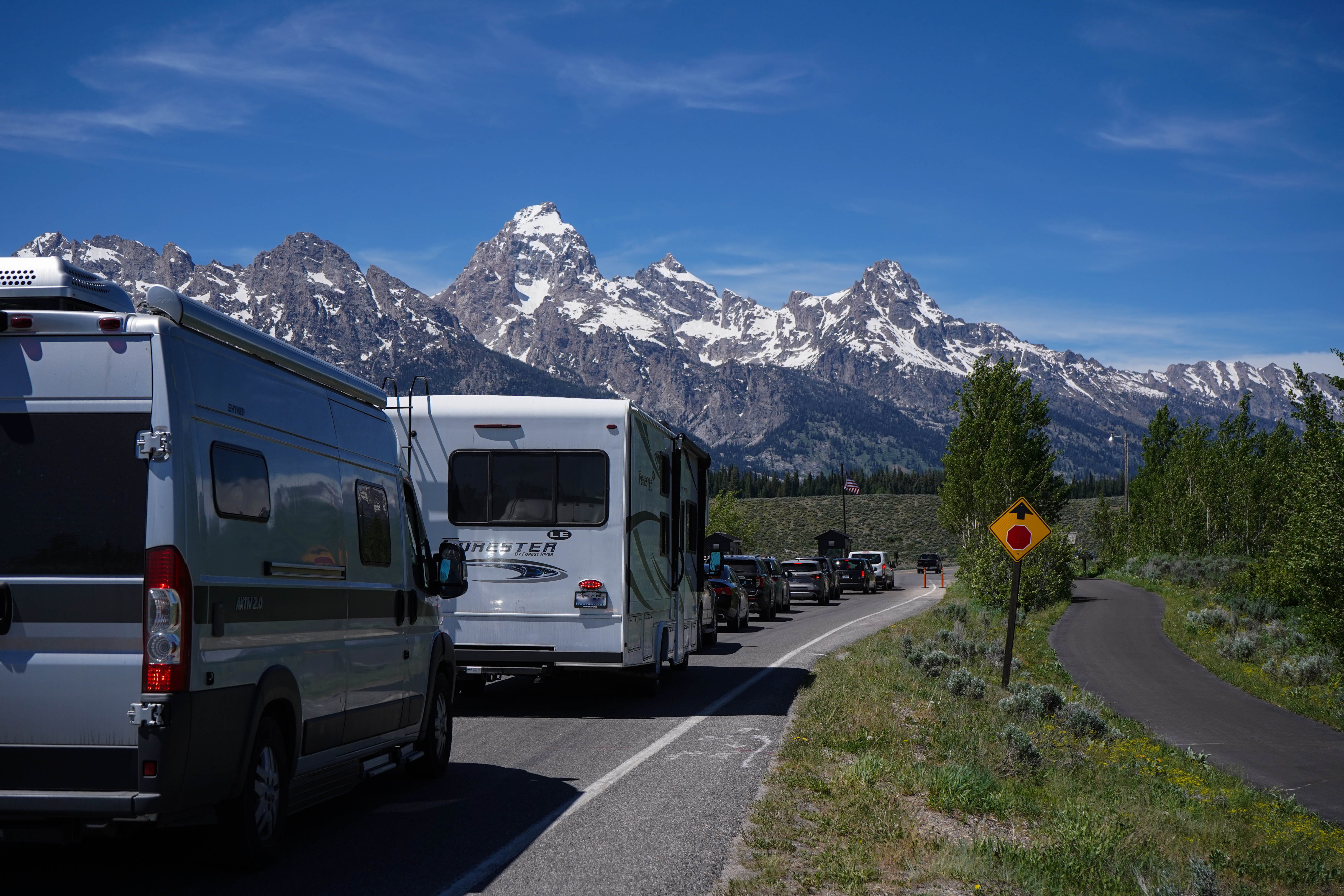 cars in a line in front of mountains