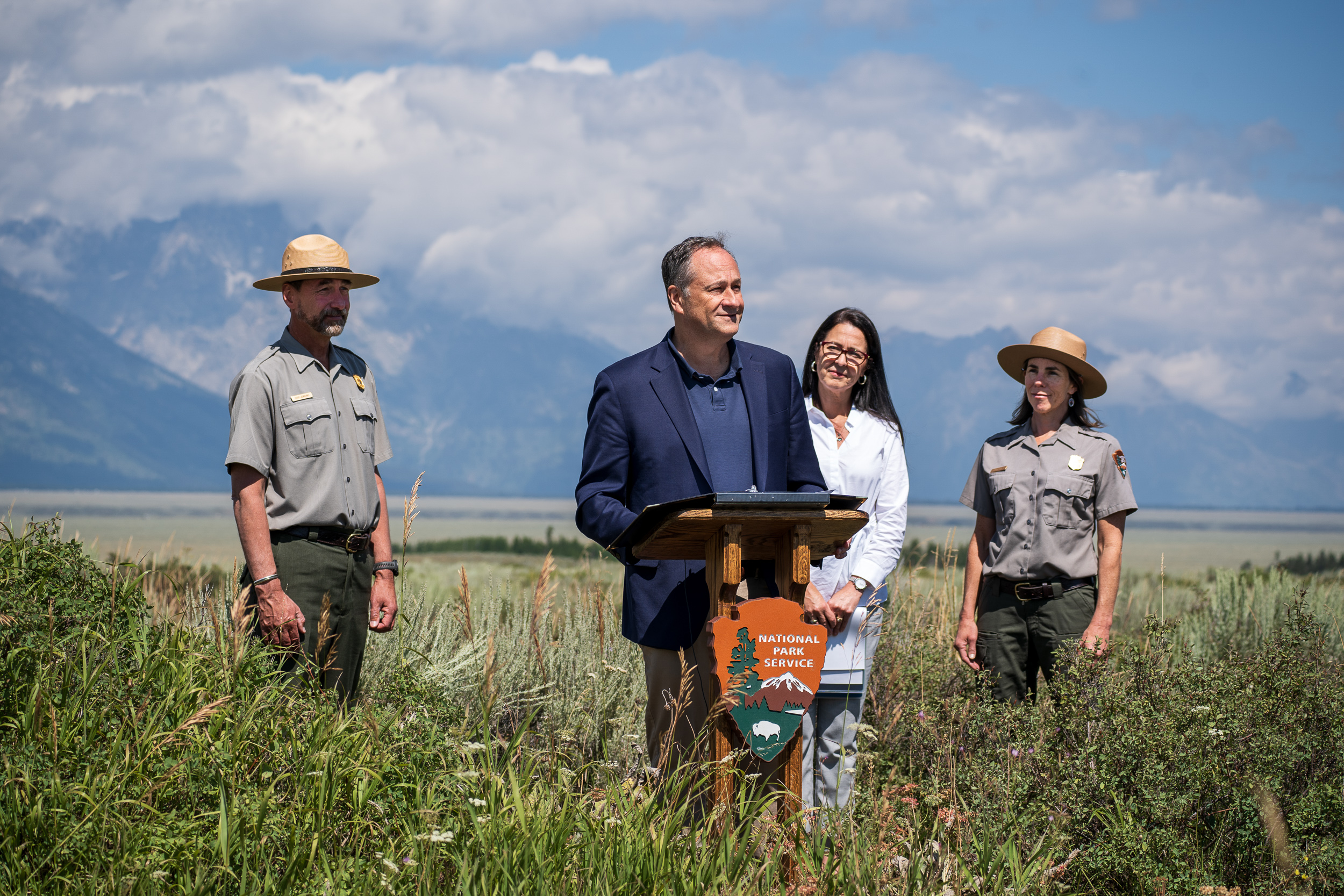 Second Gentleman Doug Emhoff Second Gentleman Doug Emhoff speaks in a field of sage about the Inflation Reduction Act and restoration efforts in Grand Teton