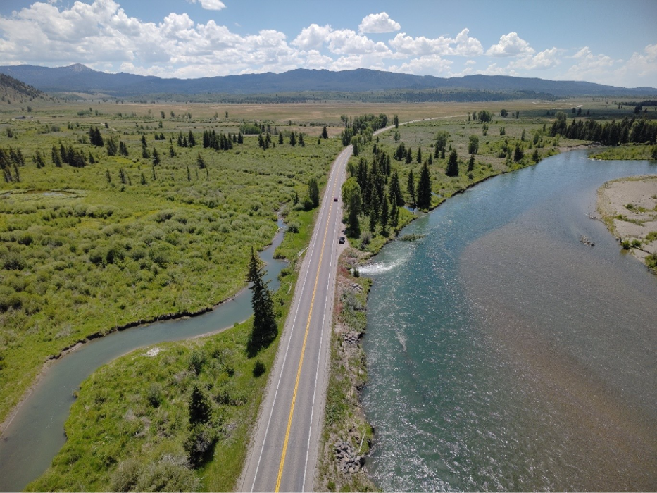 Aerial view of US Highway 26/89/191 just south of Moran Junction where the Buffalo Fork and Snake Rivers flow nearby.