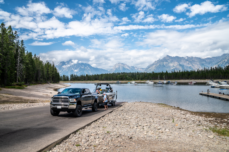 Boat launch at Colter Bay Marina with Teton Range in the background