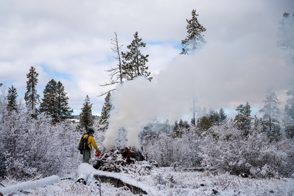 Fire personnel work on fuel reduction projects by burning piles of fuels on a snow covered landscape