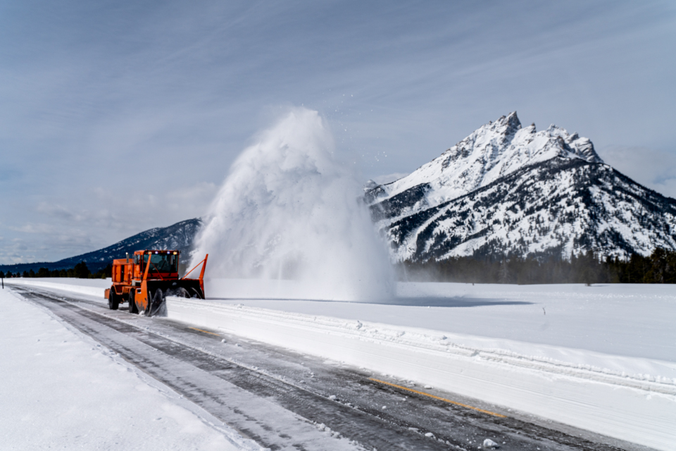 Plow operations and snow removal of the Teton Park Road in Grand Teton National Park