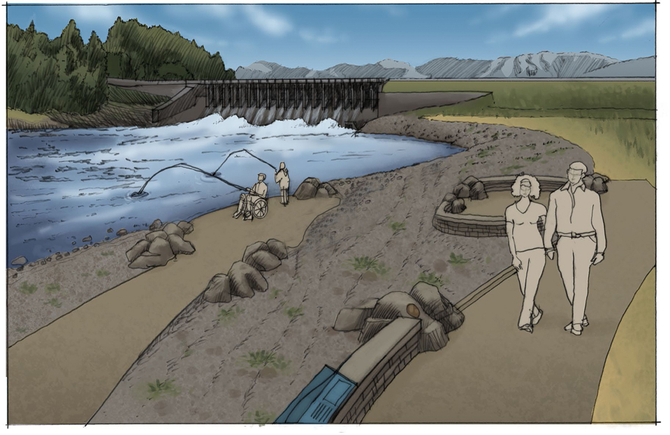 Accessible fishing platform and path at Jackson Lake Dam, rendering