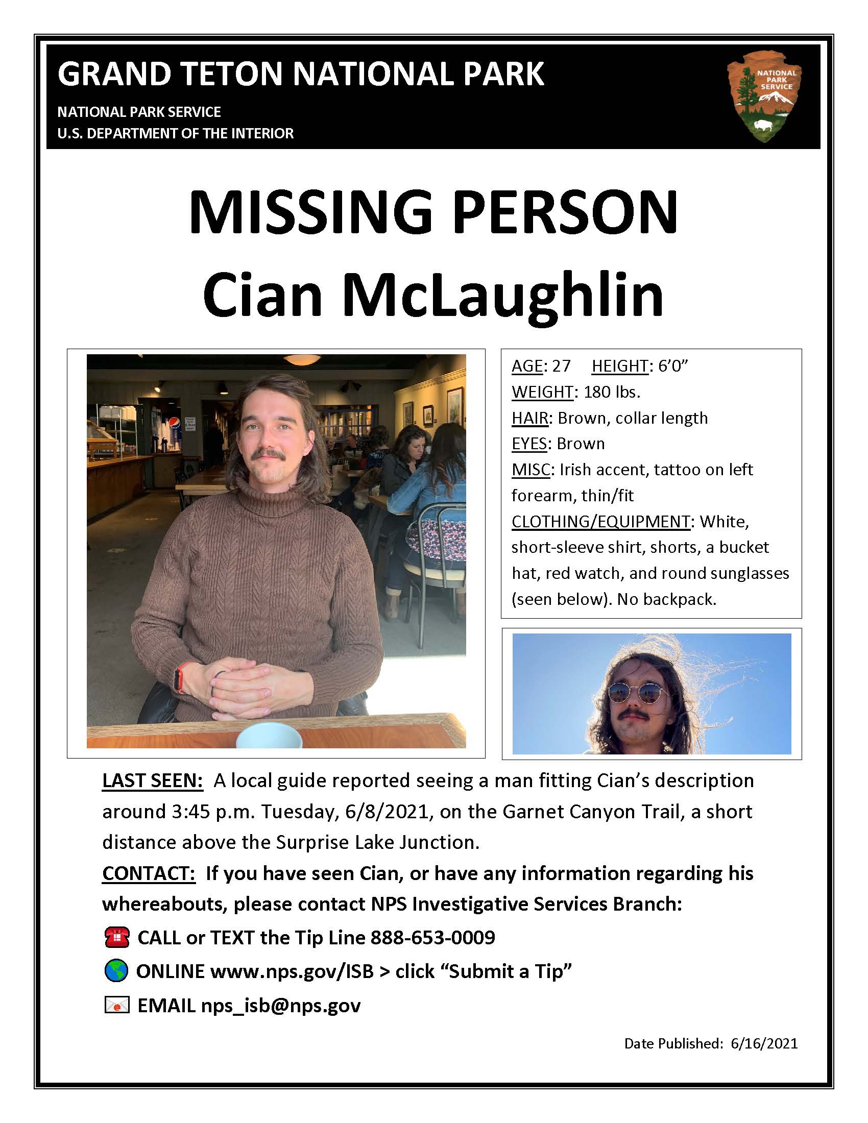 Missing person flyer Cian McLaughlin 6/16/21