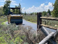 Heavy equipment rolling asphalt on the Laurance S. Rockefeller Preserve access road