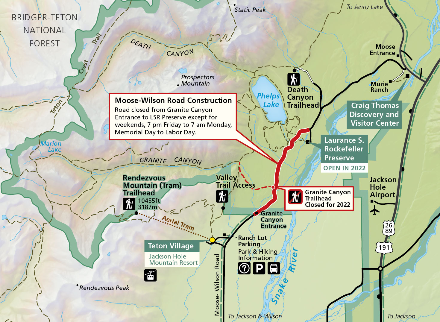 Moose-Wilson Map of Moose-Wilson Road construction area, 2022