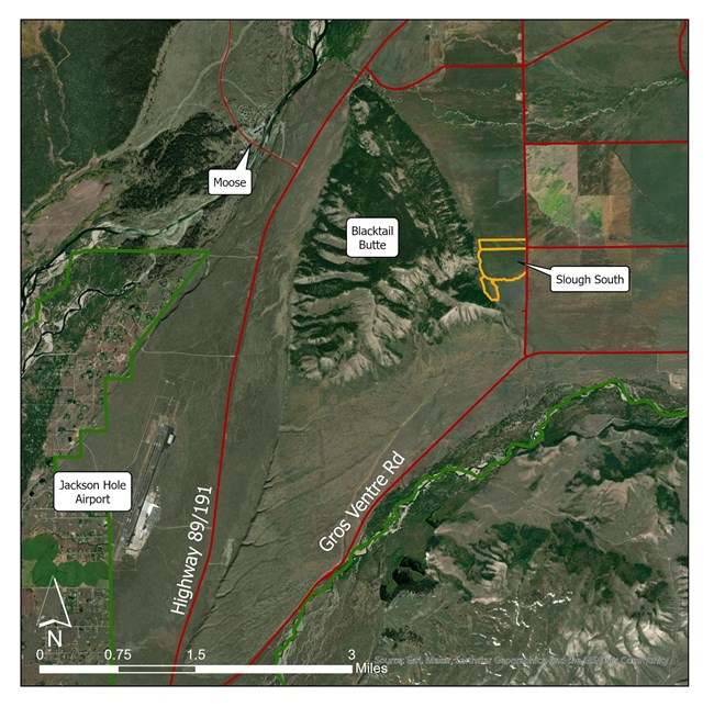 Slough South Unit Map Slough South Unit highlighted in yellow on an aerial map of the southern portion of Grand Teton National Park