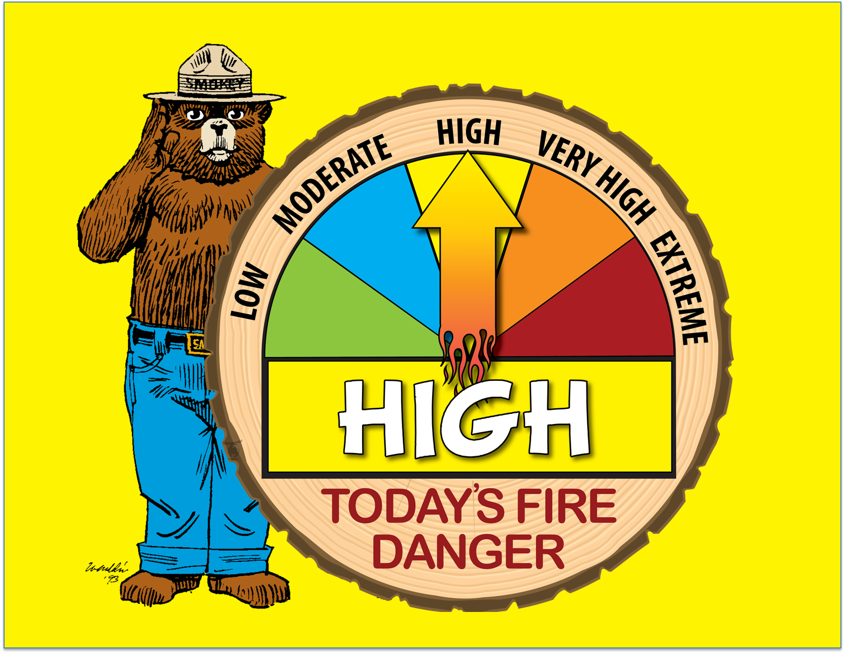 Smokey Bear by a sign that says fire danger is high