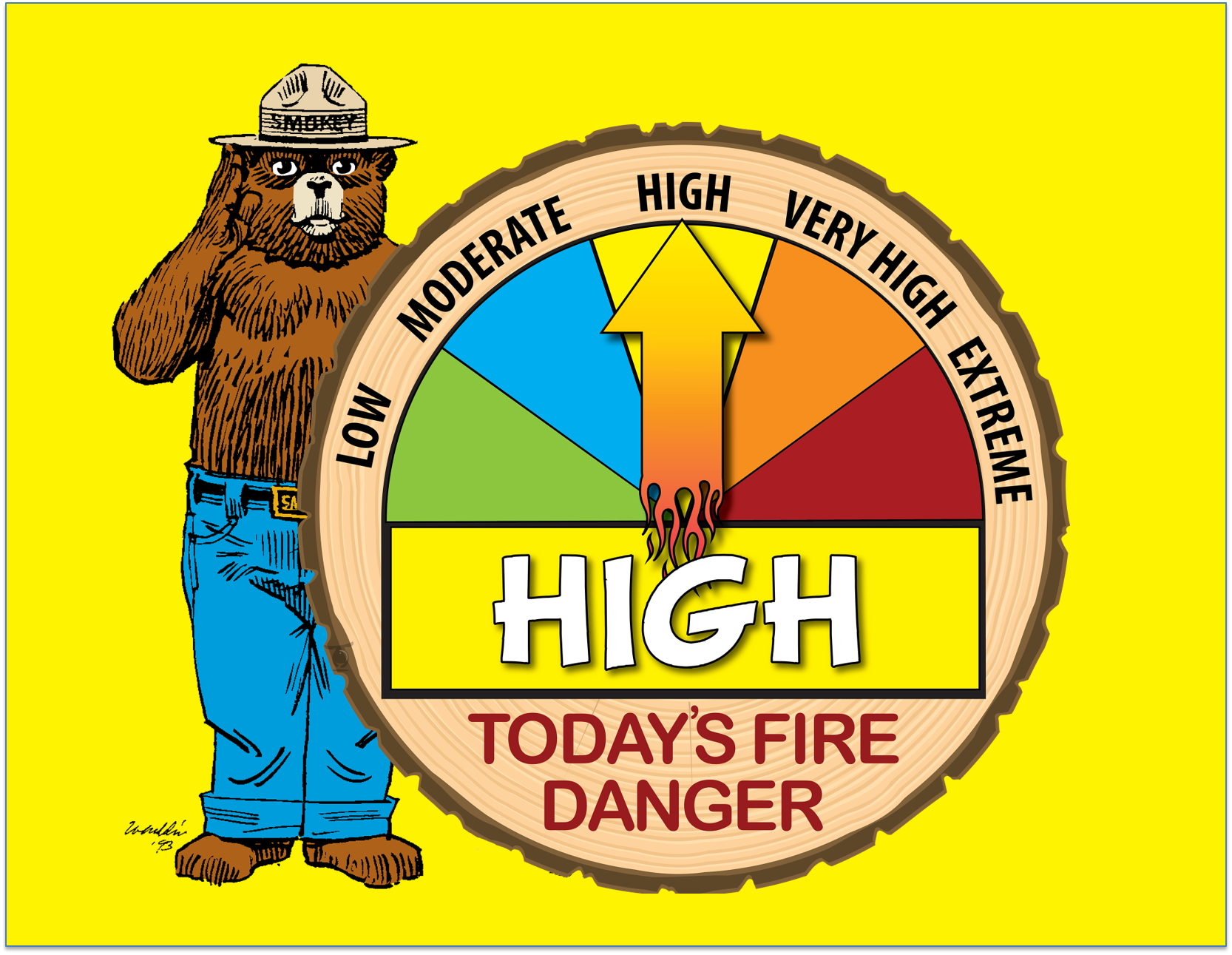 smokey the bear by a sign that says fire danger is high