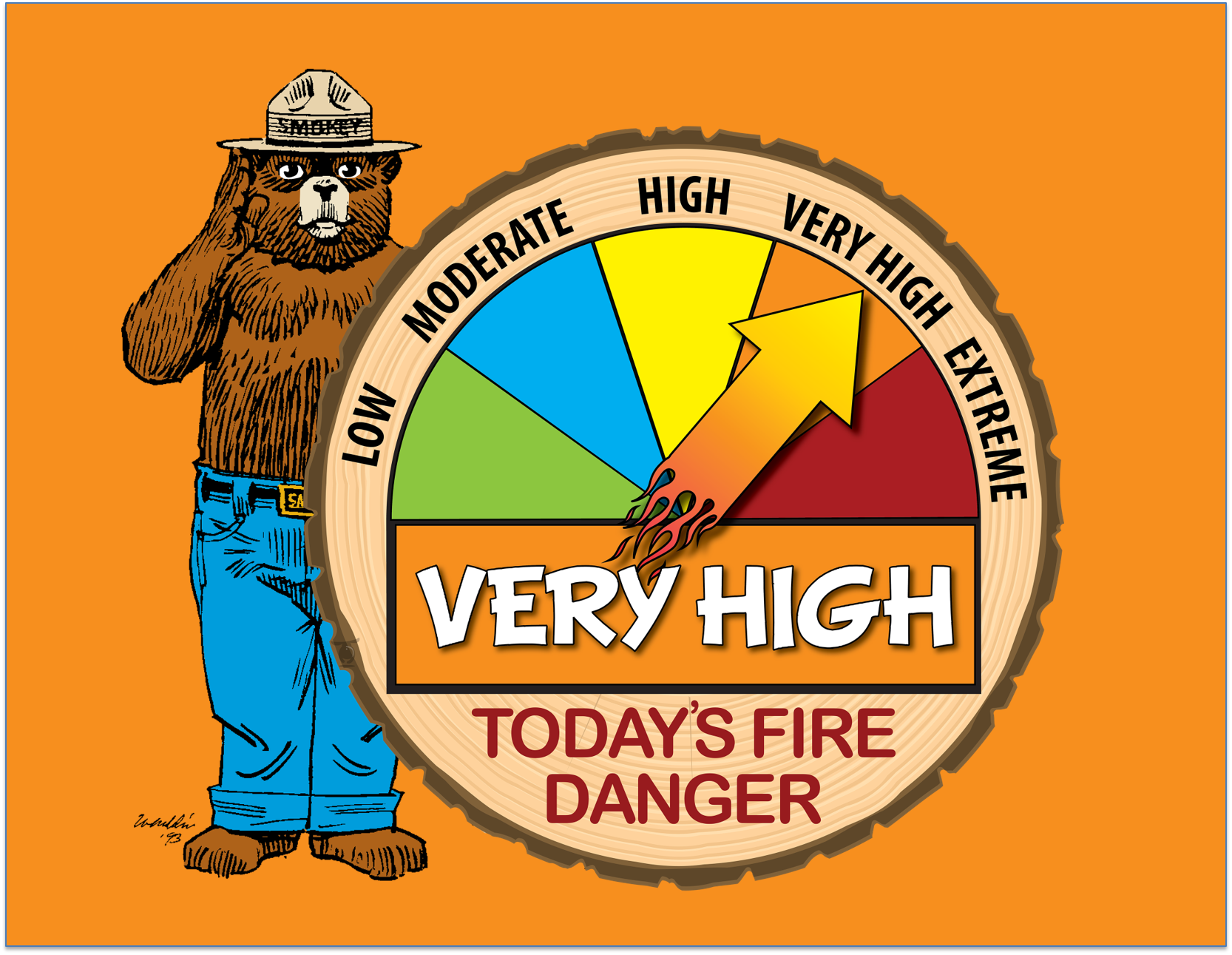 Smokey Bear and Very High Fire Danger rating sign
