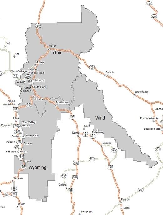 Teton Interagency Dispatch Area Map Map of Teton, Wind, and Wyoming areas in the Teton Interagency Dispatch Area