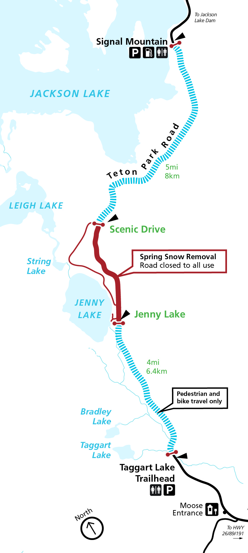 Map of Teton Park Road with open and closed sections
