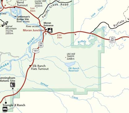 Map showing the area around Uhl Hill in Grand Teton National Park.