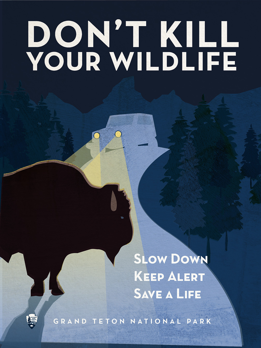 Don't Kill Your Wildlife graphic with bison in road and a vehicle driving towards it with the Teton range in the background