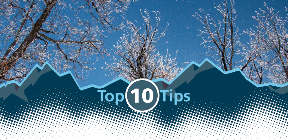 Winter Top 10 Tips Grand Teton Grand Teton National Park Top 10 tips for a winter visit graphic with frosty trees, sparkling blue sky and mountain graphic.