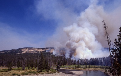 Smoke column near the Snake River as seen from Flagg Ranch, 1988, Photo credit: NPS