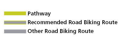 A key for the above map. Neon yellow=pathway. Gray bordered by neon yellow= recommended road biking route. Gray= other road biking route.