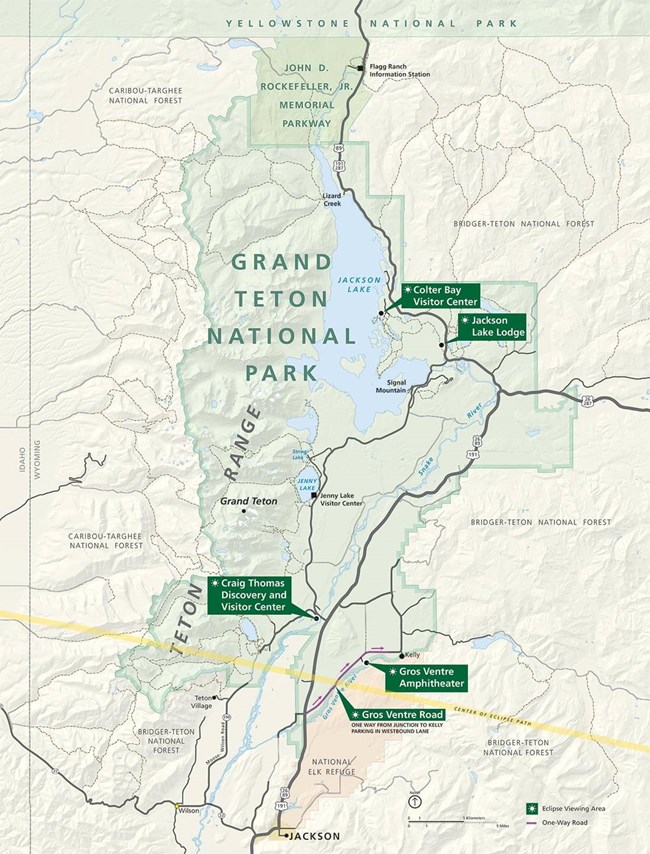 Map of Grand Teton with the Solar Eclipse Viewing Areas marked