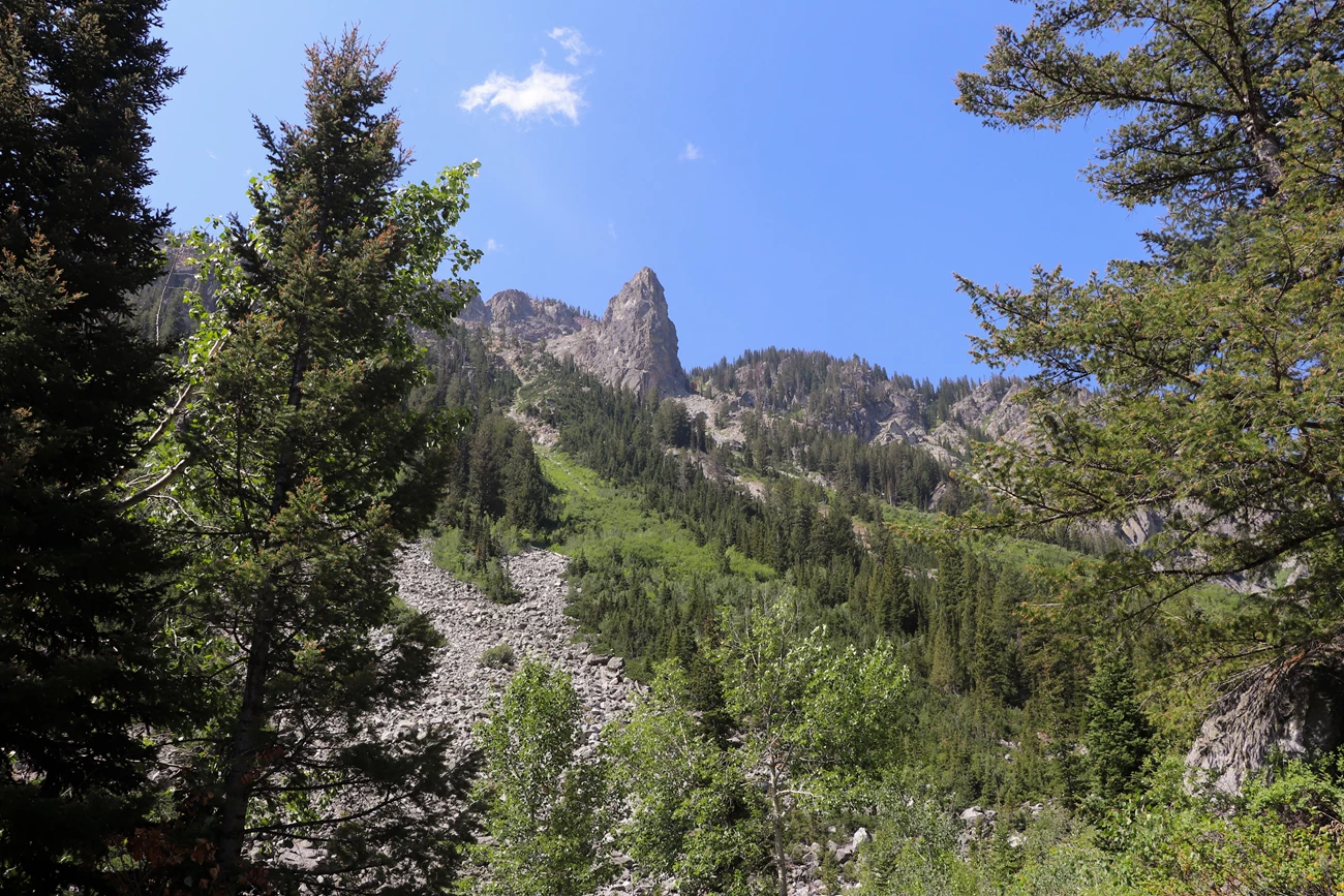 Granite Canyon TH A rock pinnacle towers above at the top of a slope covered in boulders and green vegetation.