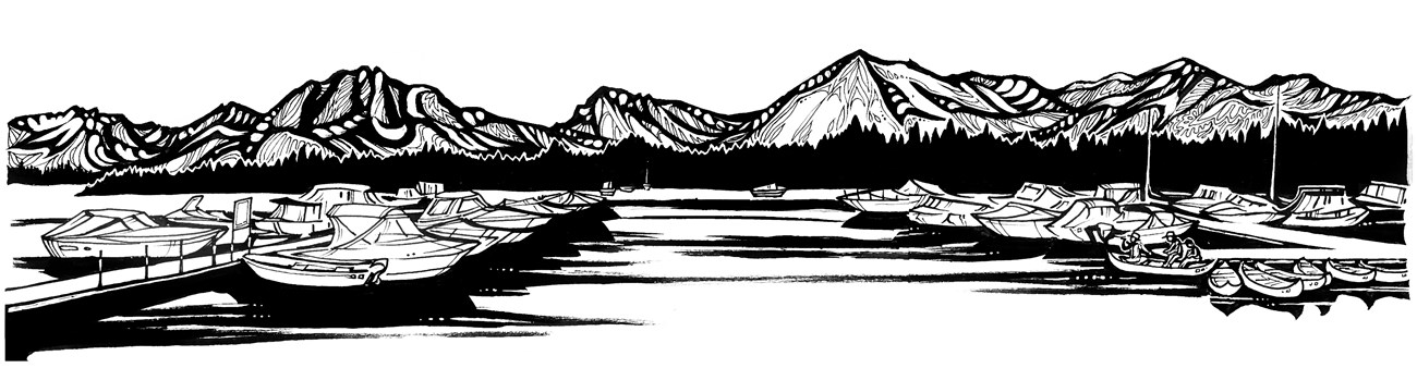 Black and white illustration of Colter Bay Marina with various boats moored.