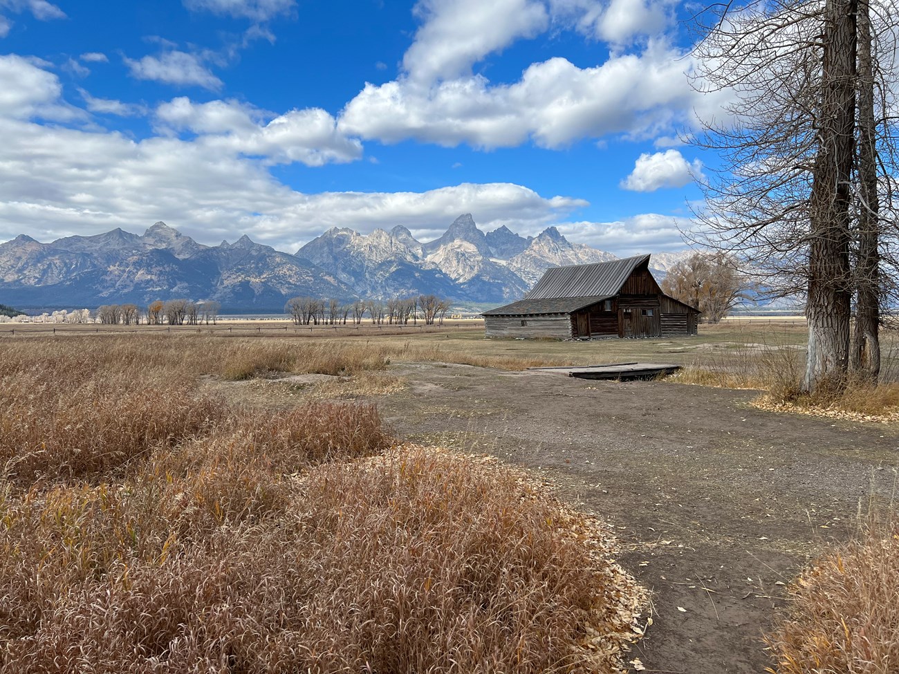 View of T.A. Moulton Barn with Teton range in backdrop