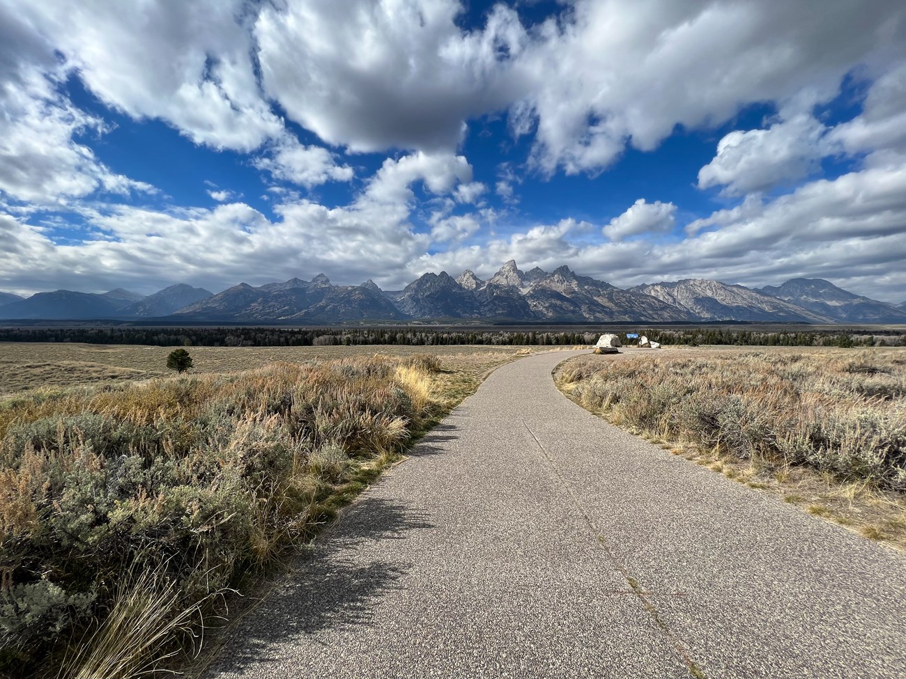 pathway curving right toward Teton range view