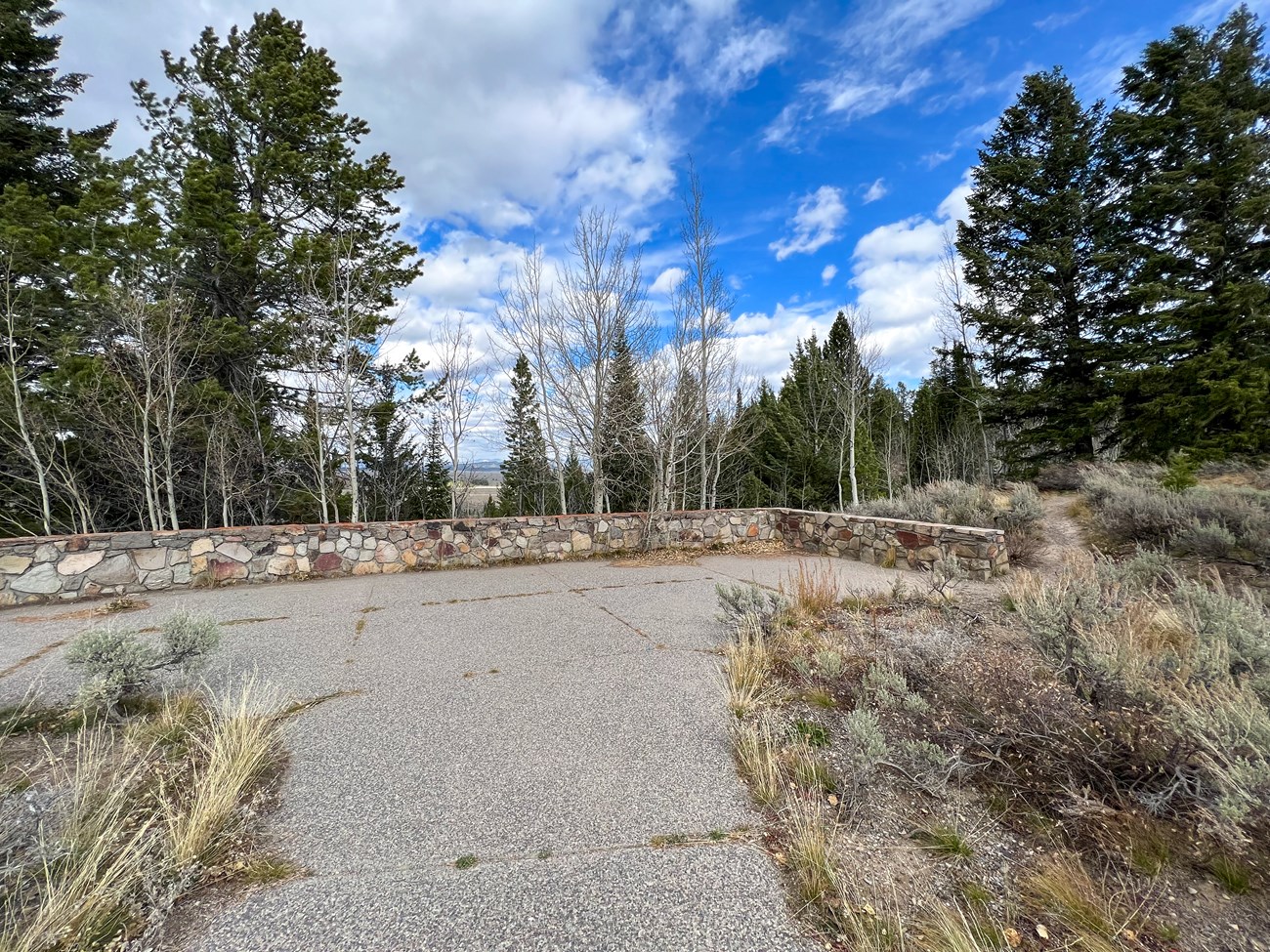 A paved pathway with rock wall at the end. Trees line the background.