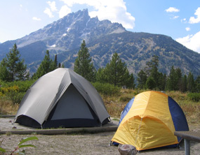 Two tents at Jenny Lake Campground with Teewinot in the background. Two tents at Jenny Lake Campground with Teewinot in the background.