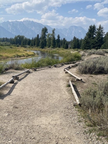 Pathway lined with wooden boundaries with a body or water running to the left and trees in the background.