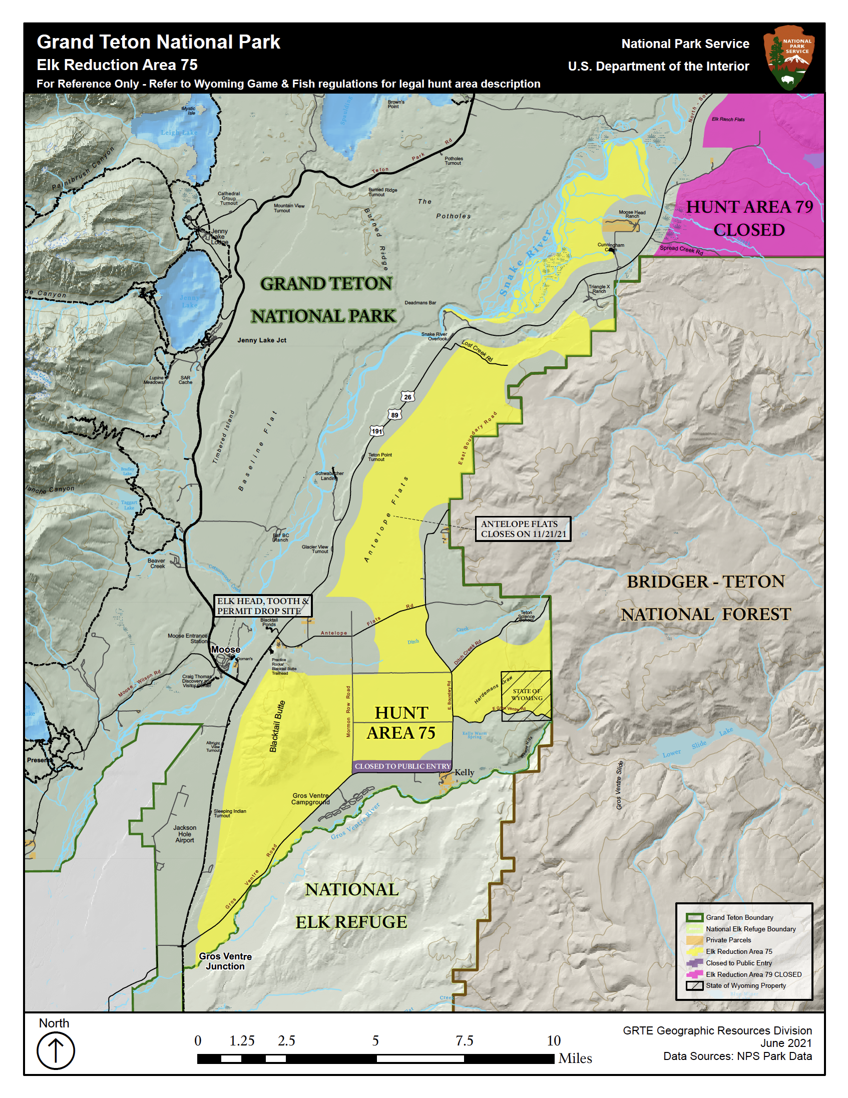 Map of Elk Reduction Area 75 showing the east side of Grand Teton National Park