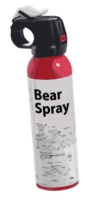 Illustration of a can of bear spray, black trigger and loop grip with tall skinny can below.