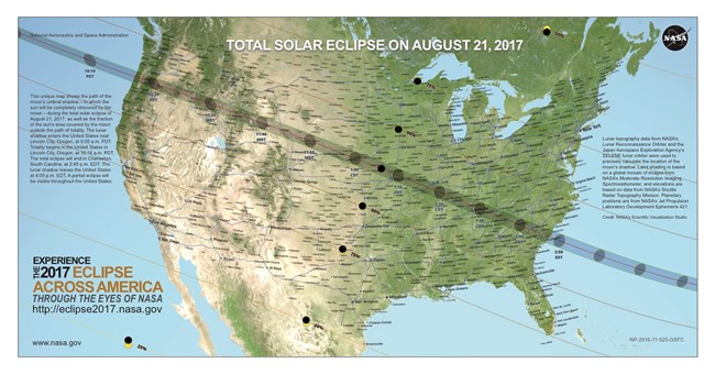 US Map with solar eclipse line of totality drawn across from upper left to lower right