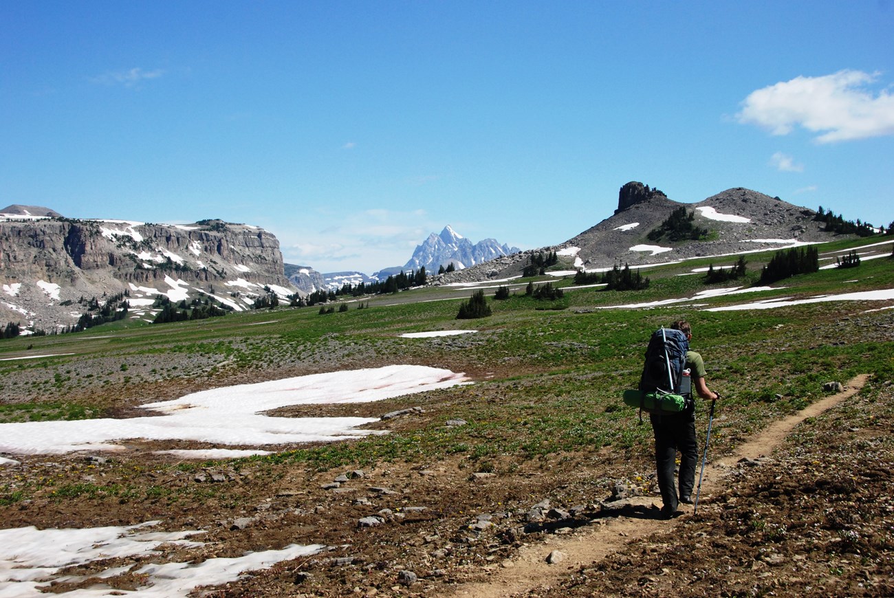 A hiker with a large backpack walks along a grassy trail towards mountains.