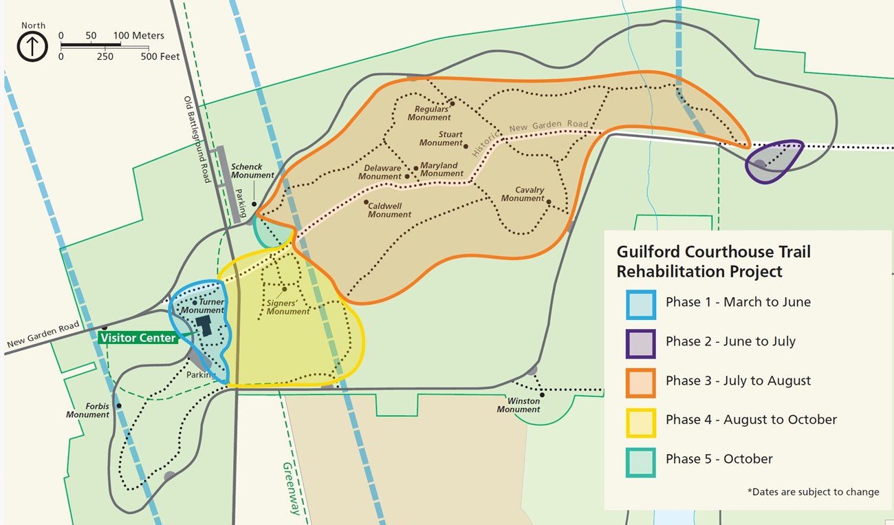 Map of Guilford Courthouse NMP that shows phased trail rehabilitation work occuring in sections of the park
