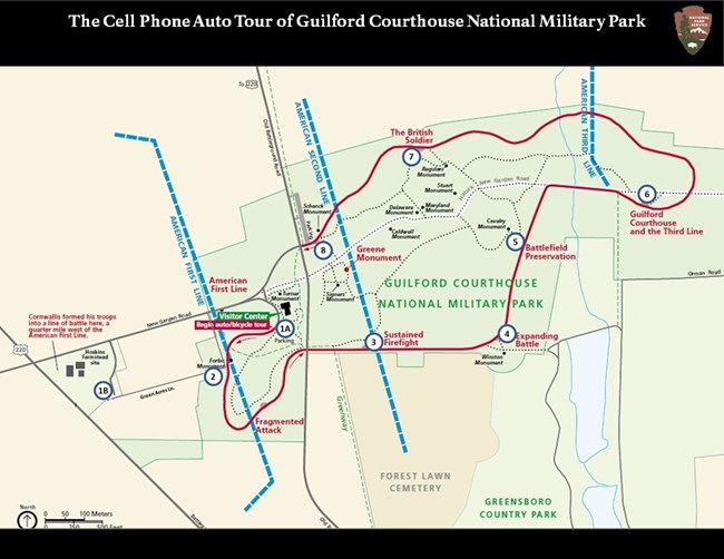 Map showing the Cell Phone tour stops for Guilford Courthouse. The stops are in different locations from the traditional stops that appear on the park's brochure.