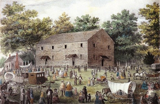 Historic painting of Quaker Meeting House with clapboard building and many people doing business or using carriages