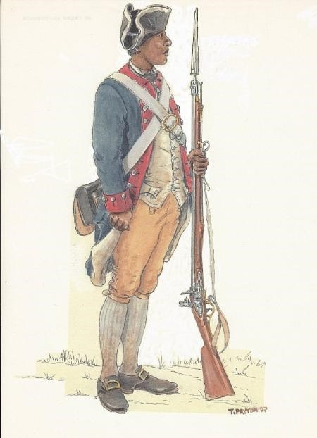 Watercolor painting of African American Continental Soldier wearing blue coat with red facing and brown breeches and tricorner hat. Holding musket with bayonet.