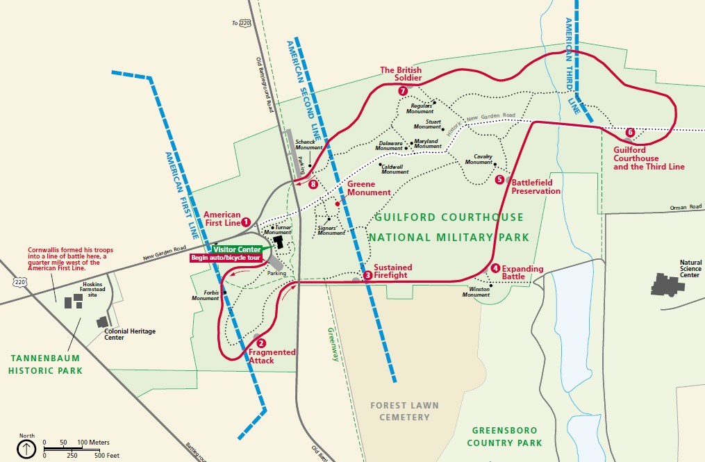 A park map showing the tour road in red, walking trails, and battle lines in blue