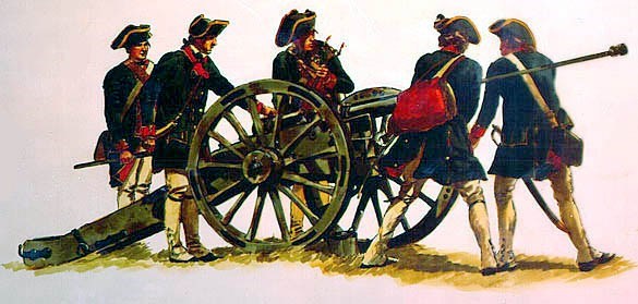 Five Continental soldiers load a cannon
