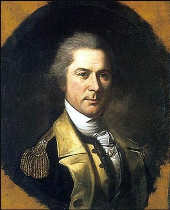 Peale portrait Otho Holland Williams wearing officers uniform of blue with yellow lapel and epaulets, gold border around painting