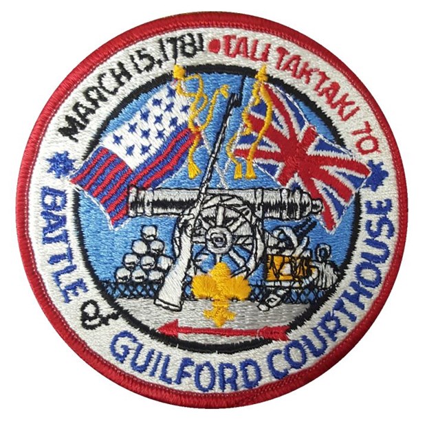 Embroidered Boy Scout Patch with Guilford Militia and British flag atop cannon and cannon balls