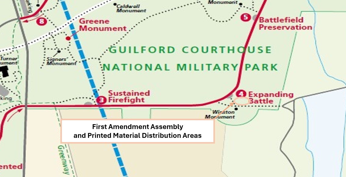 First Amendment Area and Printed Material Distribution Area is located in the grassy area northwest of the Winston Monument.