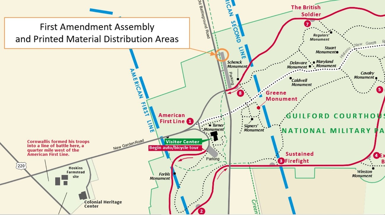 Map of Guilford Courthouse National Military Park designated 1st Amendment Assembly located in parking lot