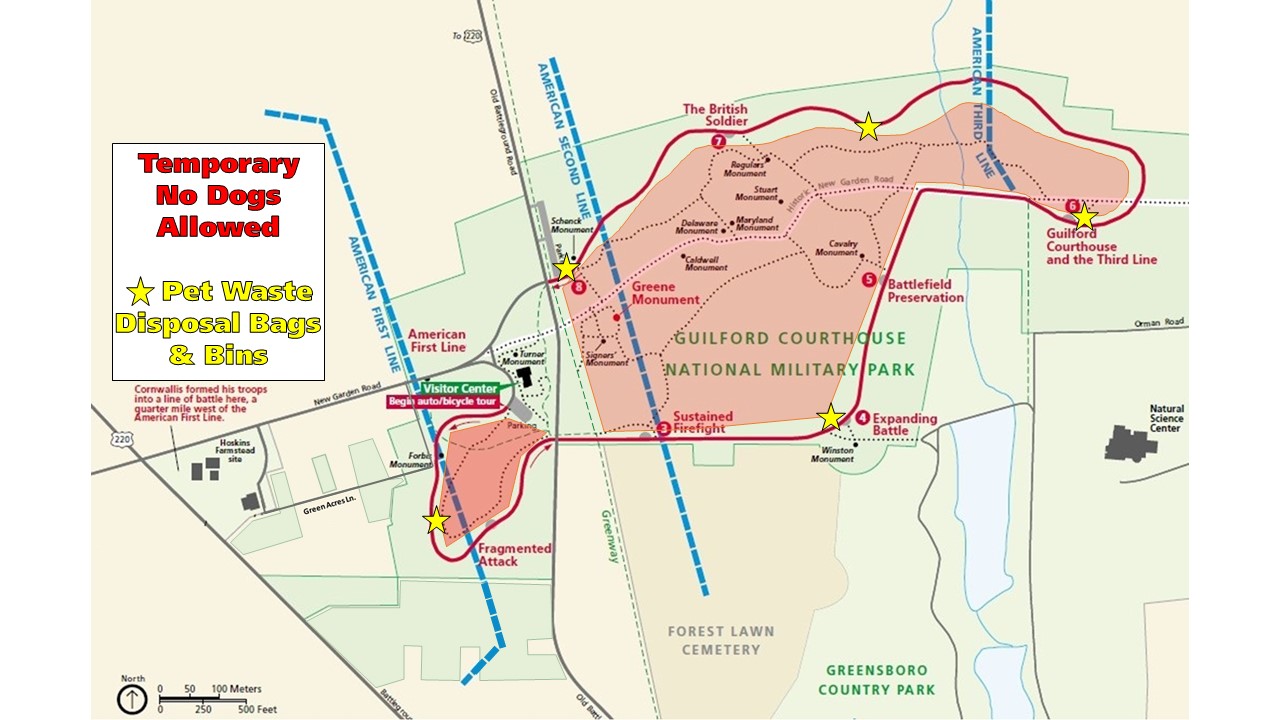 Dog restrictions map A park map has the interior trails highlighted in red, depicting the inner trails that dogs will not be allowed on. It also shows the locations of 5 pet waste disposal stations that are along the park's paved tour road.
