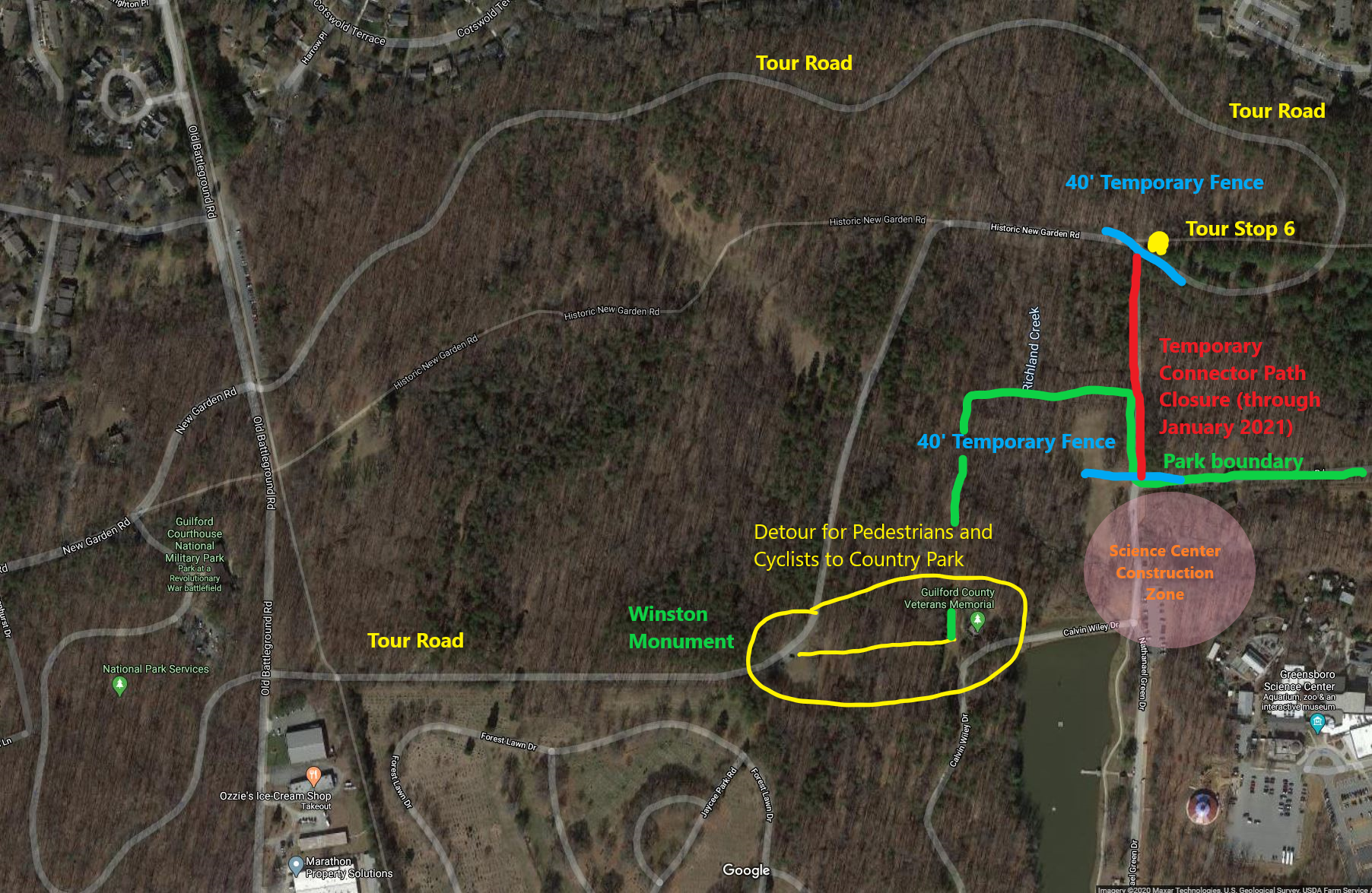 Guilford Courthouse and Country Park boundary, temporary closure and detour Satellite map with colorful lines showing boundaries, detour route, and closure for construction zone