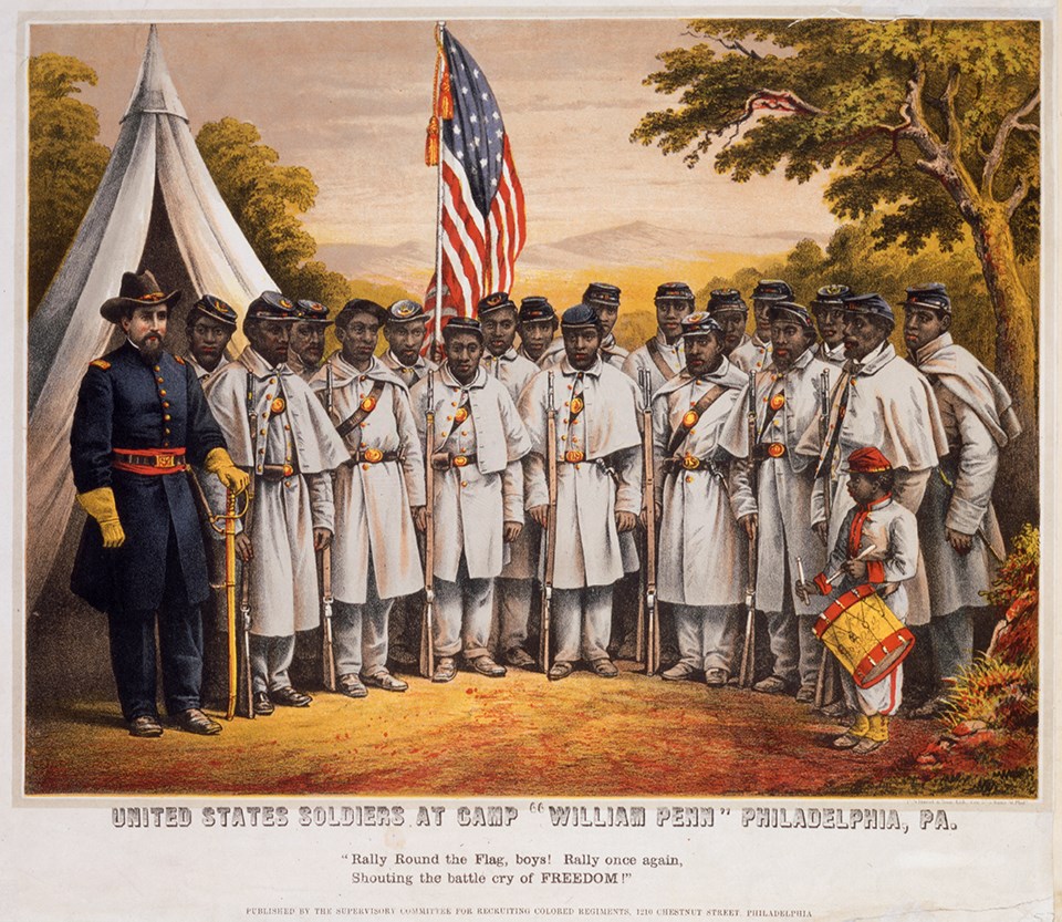 Historic engraving of African American soldiers in the Civil War, colorized.