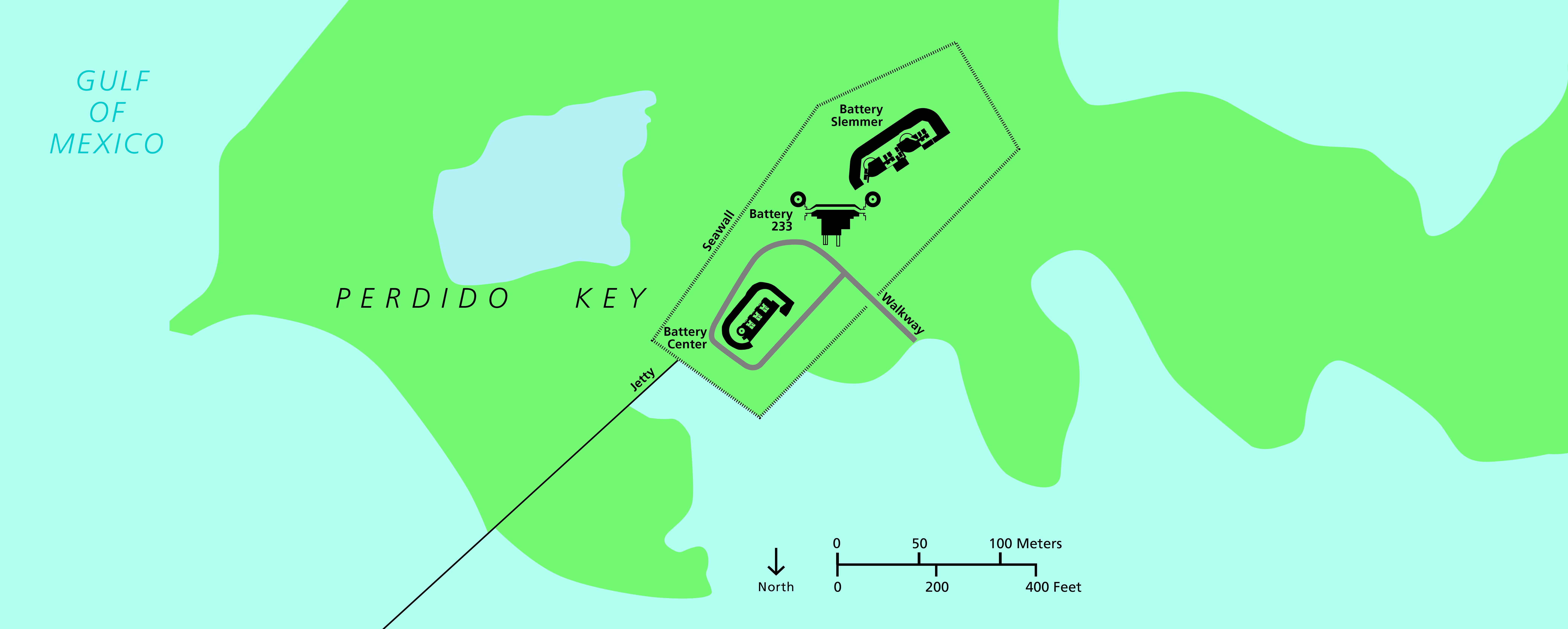 A map showing three defensive positions on the end of a narrow island.