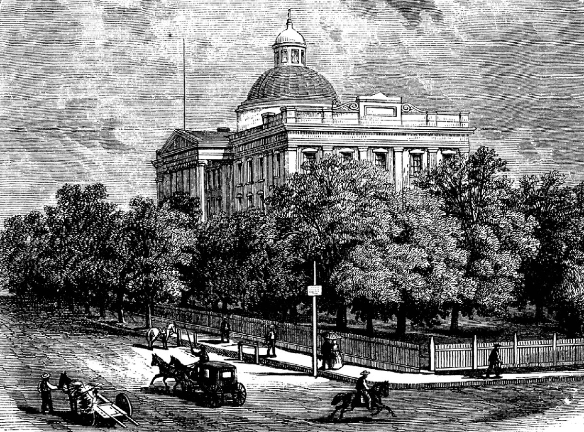 Black and white etching of the pre-1903 Mississippi state house.