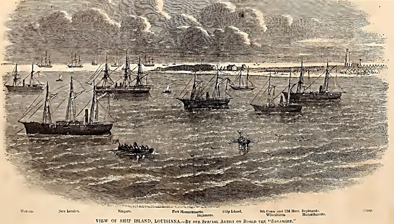 Wood etching of tall ships in front of a barrier island.