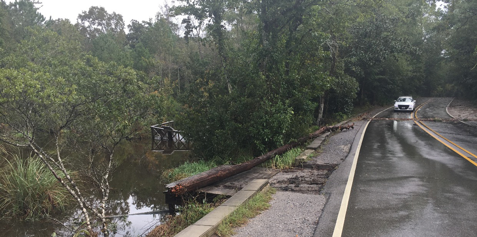Hurricane Nate Damage Overlook boardwalk is sunk in the water behind its normal site.